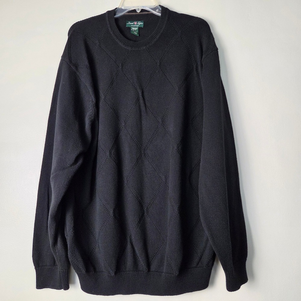 David Taylor Collection Mens XL Black Cotton Argyle Textured Crew Neck Sweater